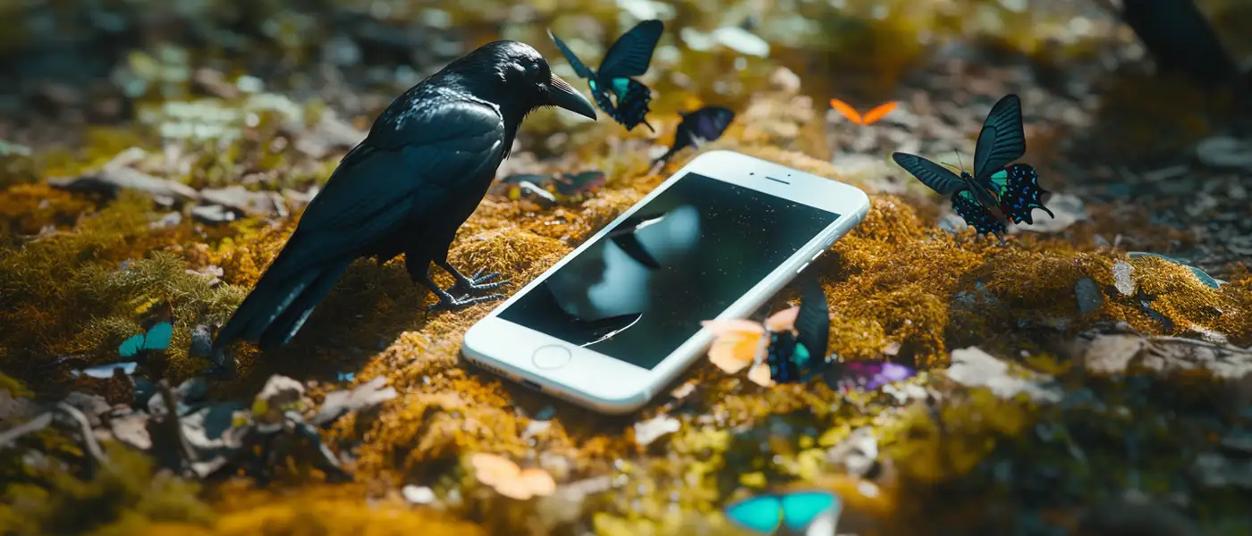 Ein Smartphone liegt auf dem Waldboden, umgeben von Schmetterlingen und einem Raben
