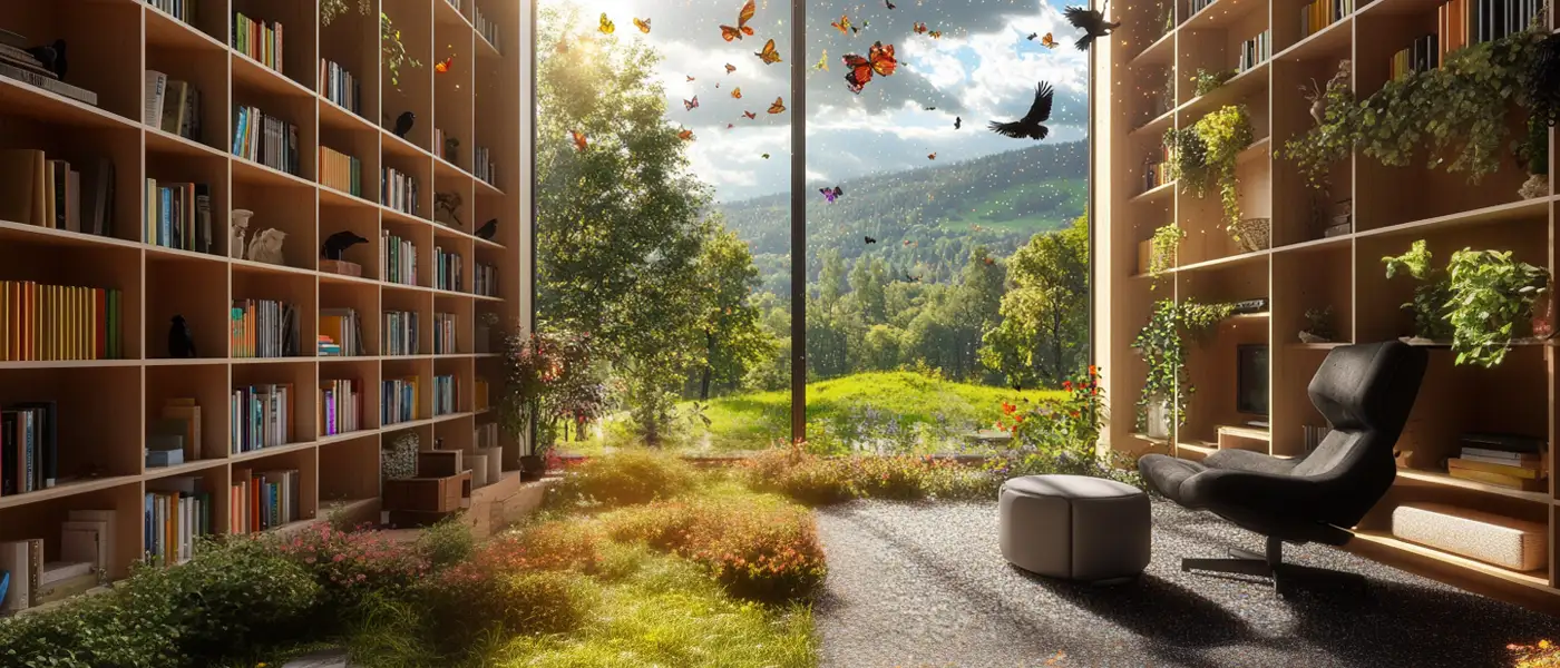 Ein Lesezimmer mit Panoramafenster und Ausblick auf den grünen Taunus.